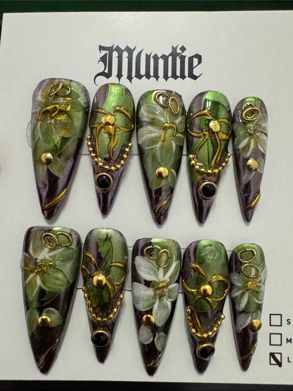 Hand-Painted Green & Purple Floral Stiletto Press-On Nails